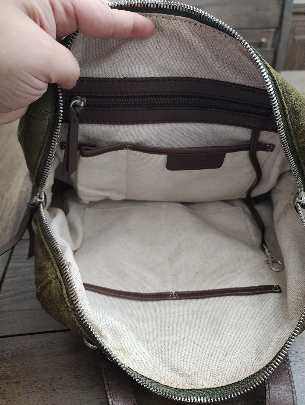 Michael Kors Olive Green Suede Silver Studded Handbag Astor Collection - Picture 12 of 13